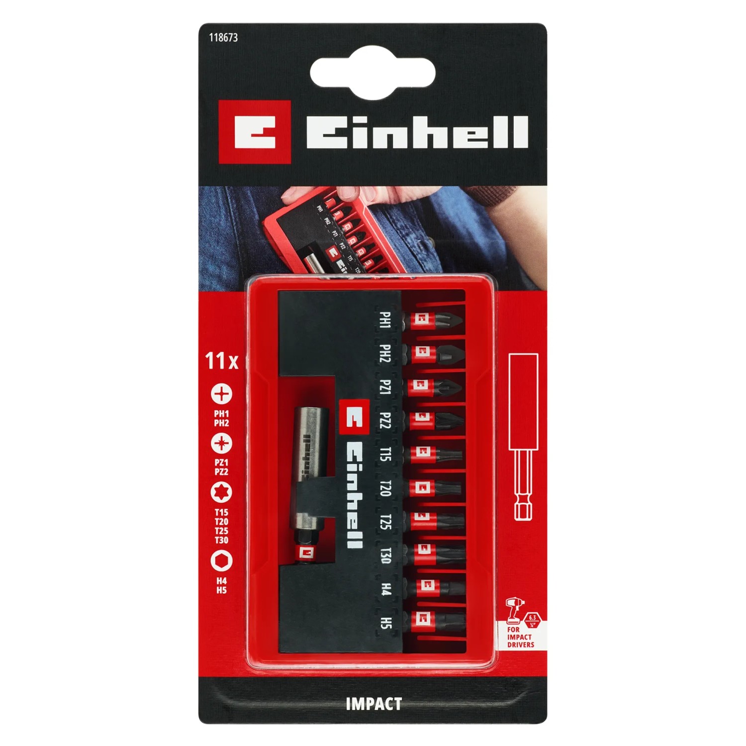 Einhell Impact Bit-Set, 11-teilig im Taschenformat mit PH, PZ, T und H Profilen für Schraubendreher und Akkuschrauber.