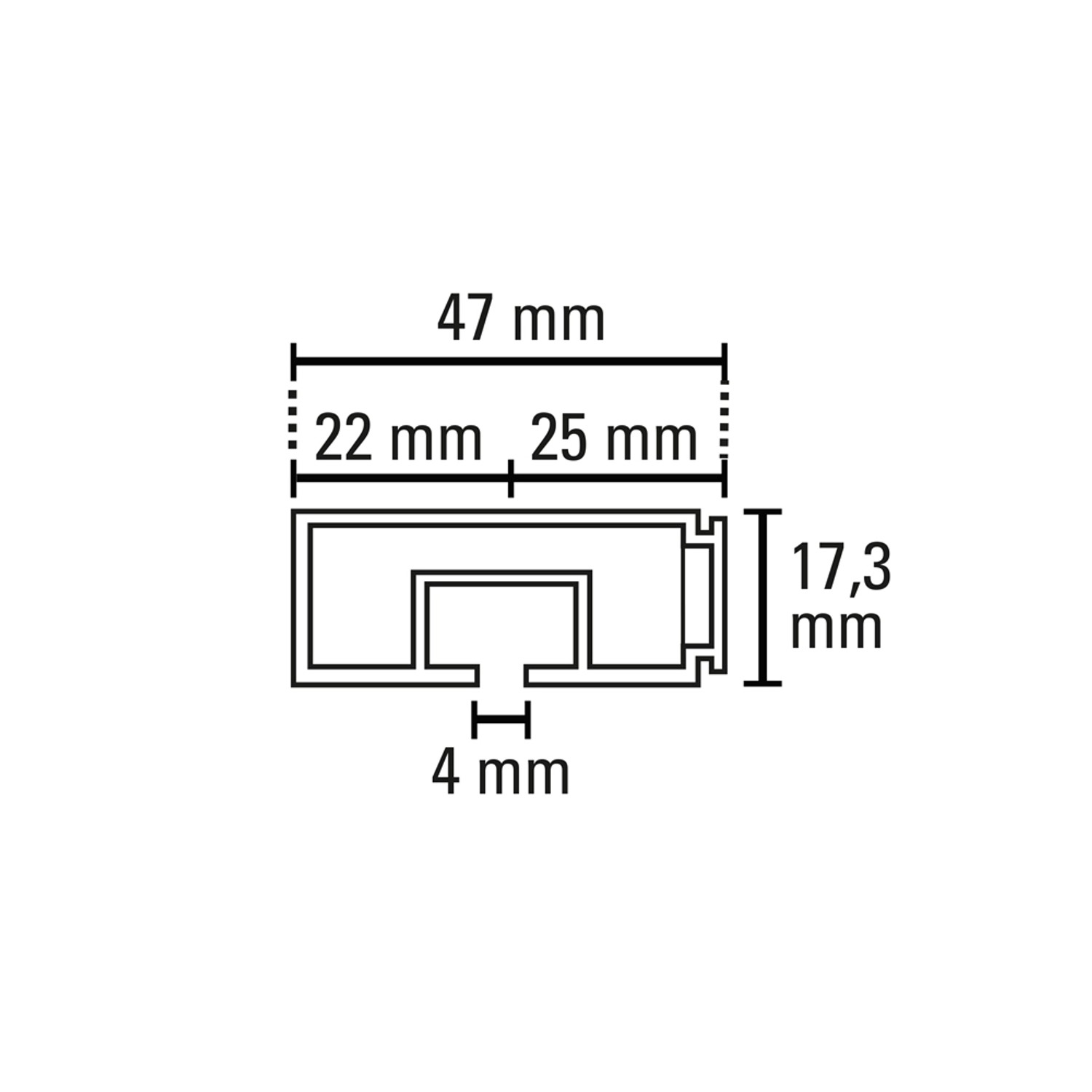 Querschnitt Gardinia Vorhangschiene GE1, 1-läufig, weiß, mit Maßangaben.