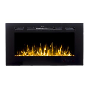 Schwarzer Vente-unique Elektrokamin Calbuco mit realistischen LED-Flammen. Modernes Design, ideal als Heizkörper.