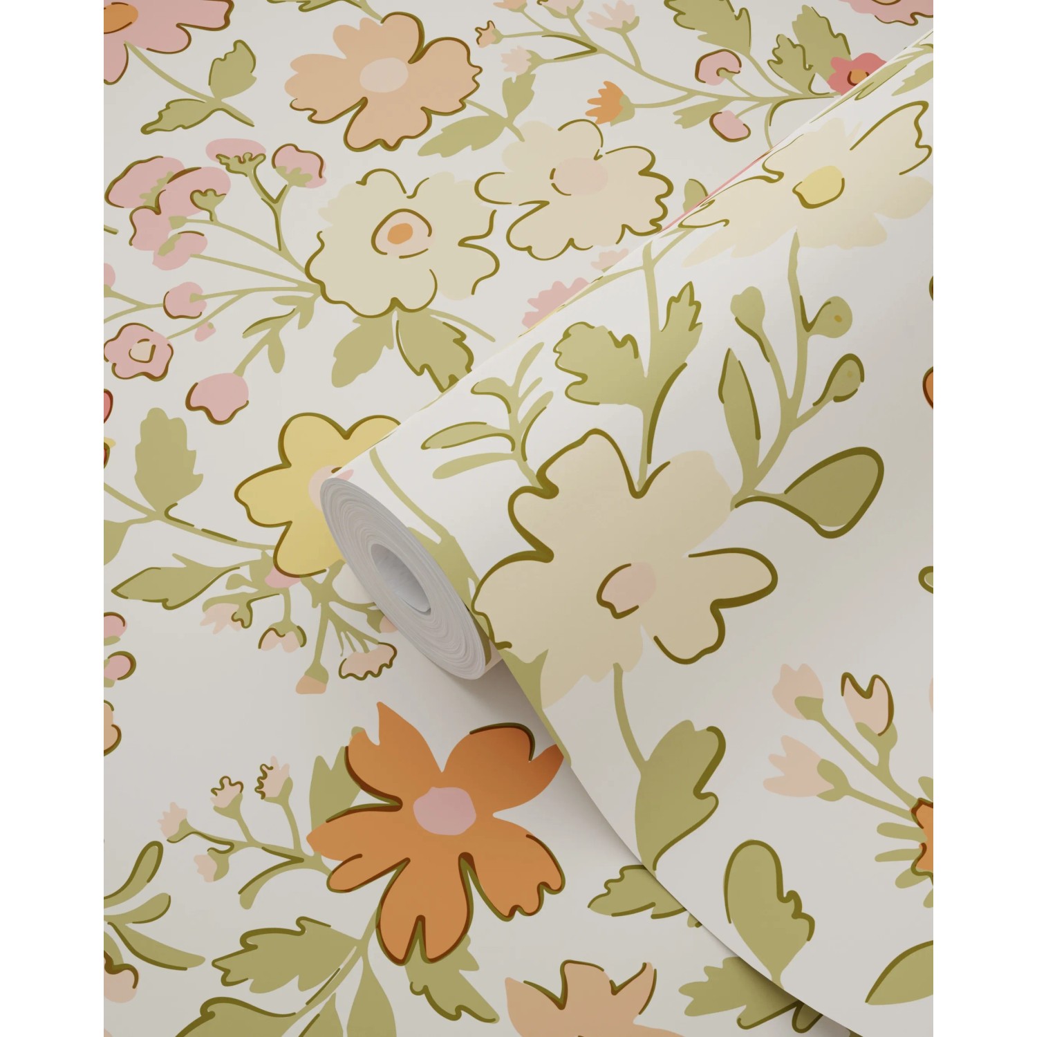 ESTAhome Vliestapete mit Blumenmuster in Rosa, Grün, Gelb und Orange, 50x900cm.