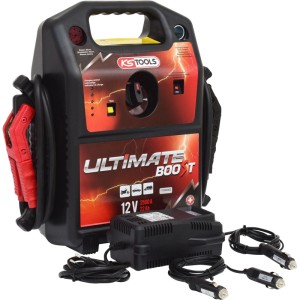 KS TOOLS 12V Batterie Booster Starthilfegerät, schwarz-rot, mit Klemmen und Ladegerät. Ideal für PKW und Transporter.