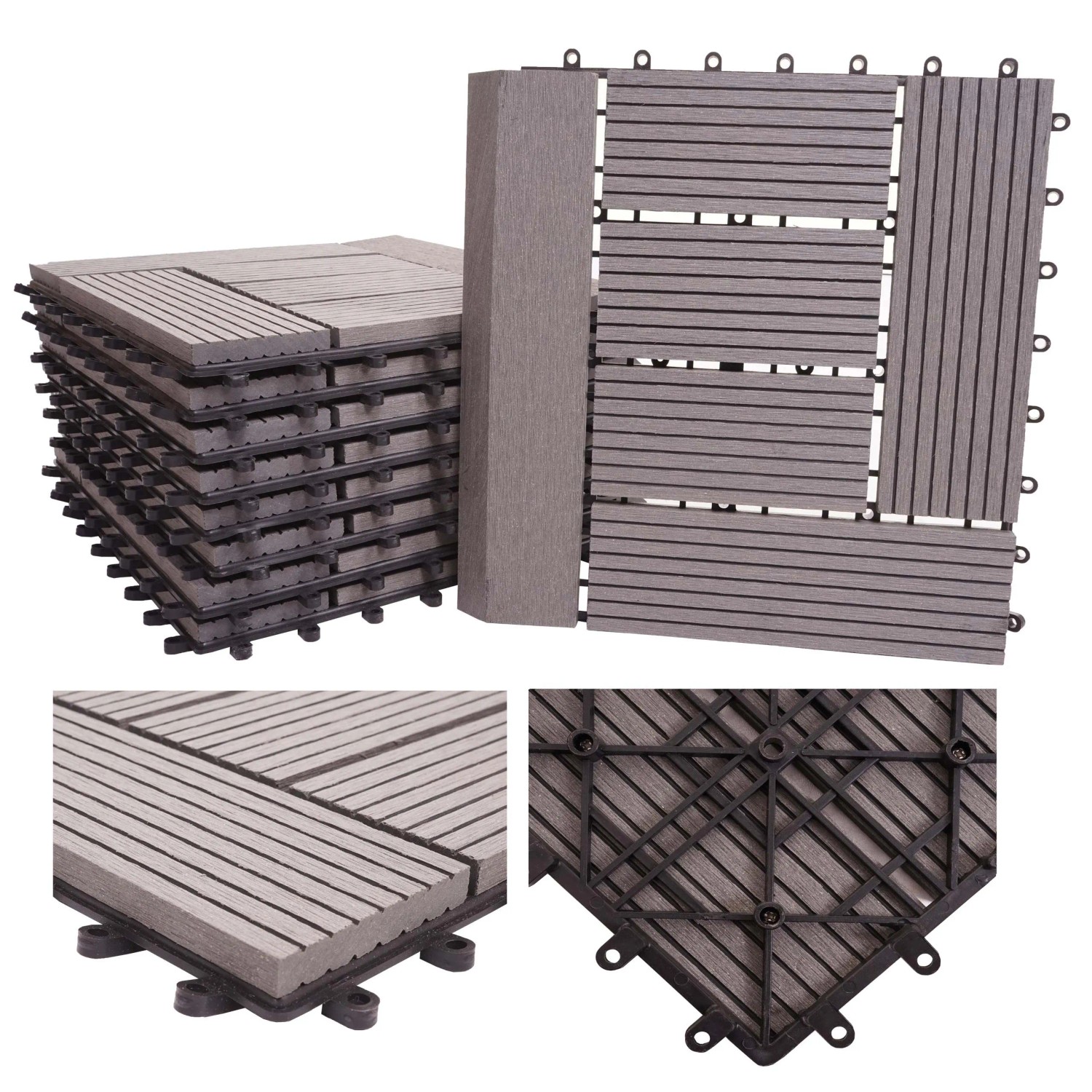 MCW WPC Bodenfliesen Sarthe, grau, 30x30cm, mit Abschluss. Ideal für Balkon und Terrasse.