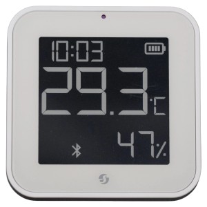 Weißer Shelly BLU H&T Sensor mit Display zur Temperatur- und Feuchtigkeitsmessung.