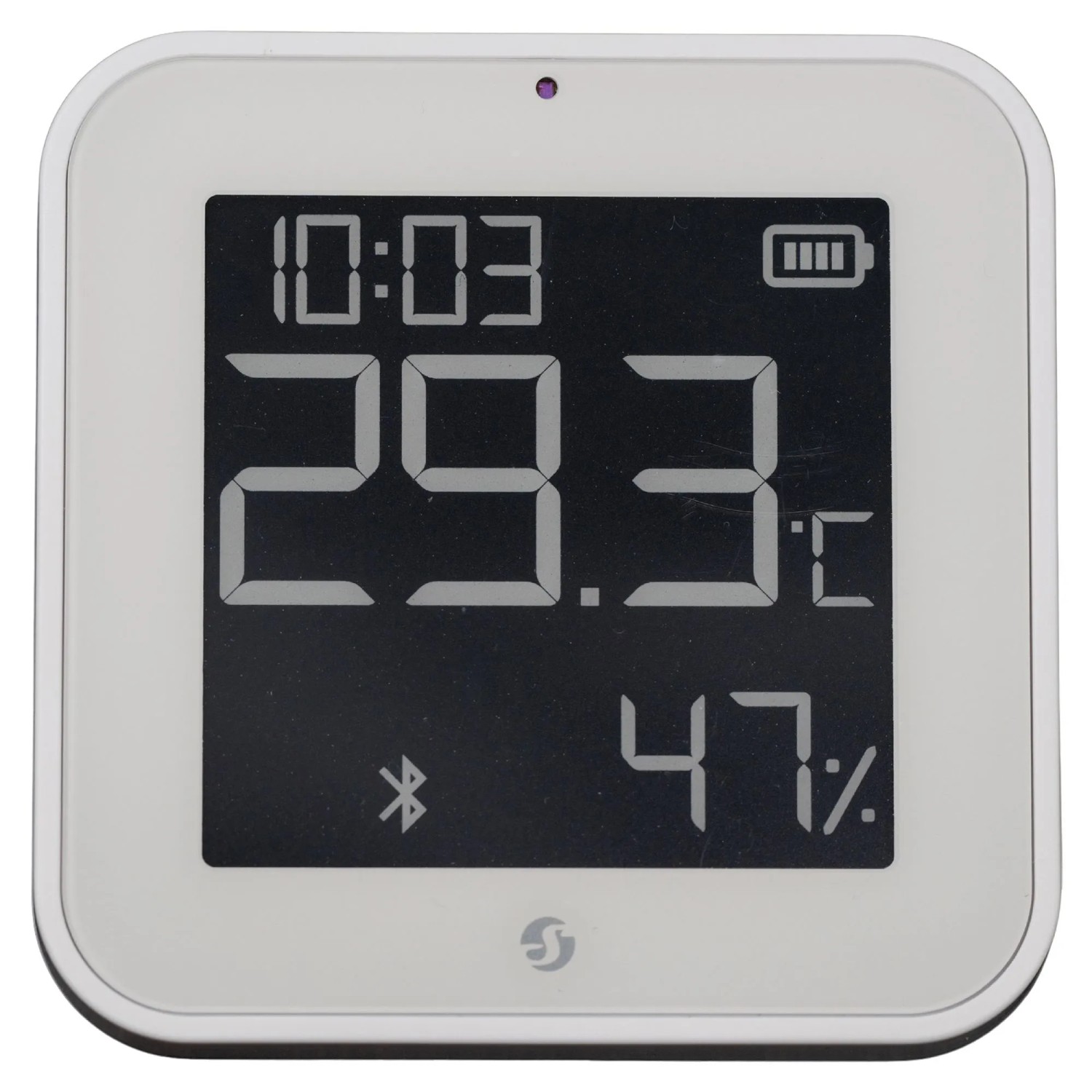 Weißer Shelly BLU H&T Sensor mit Display zur Temperatur- und Feuchtigkeitsmessung.