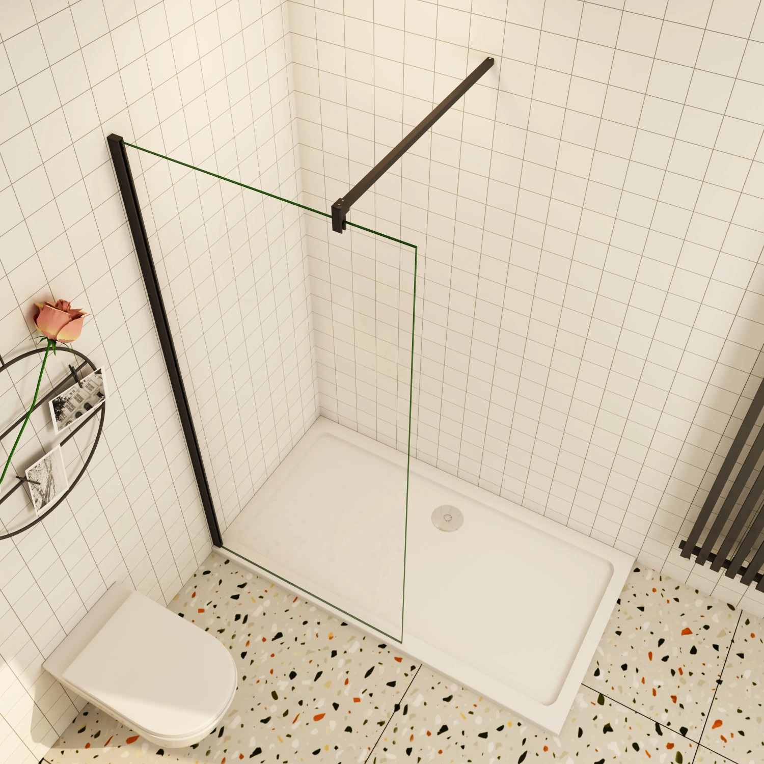 AICA Walk In Duschwand, 160cm, mit schwarzem Rahmen und Stabilisator. 8mm NANO Glas Dusche.