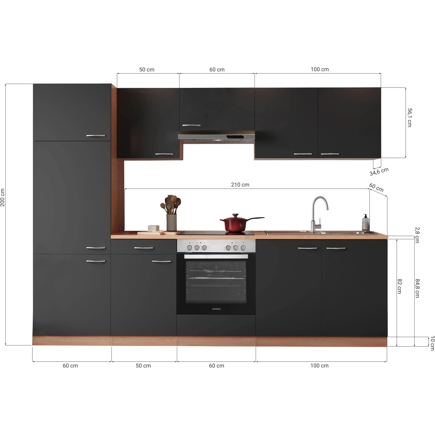 Respekta Küchenzeile KB270BGEC, 270 cm, Grau/Buche Nachbildung, mit E-Geräten und Spüle.