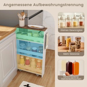 Schmaler weiß-brauner 4-Etagen Küchenwagen mit Rollen, gefüllt mit Gewürzen und Flaschen in einer Küche.