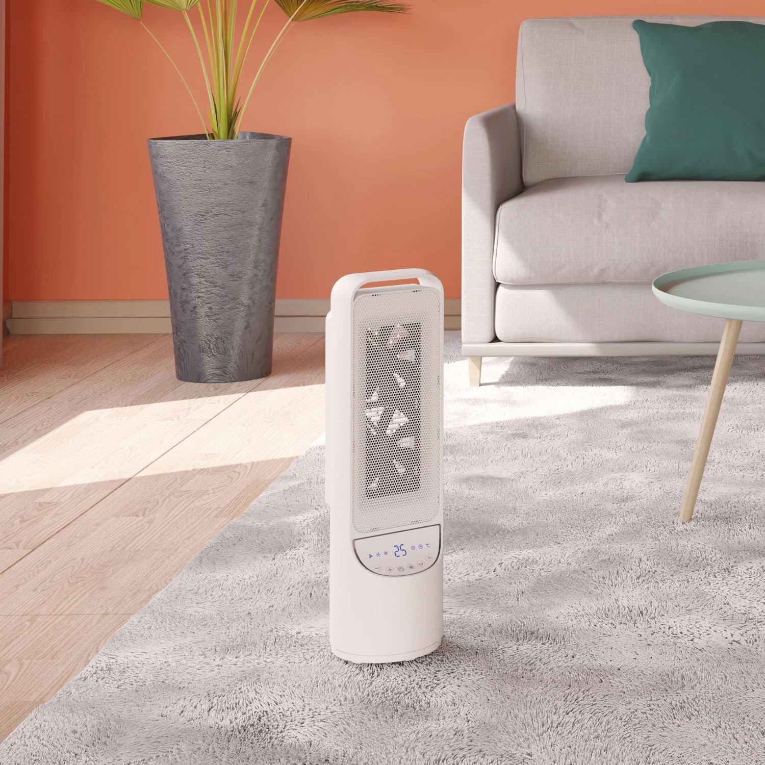 Weißer Keramik-Heizlüfter Nagu 2000 W im Wohnraum. Elektrisches Heizgerät mit LED-Anzeige.