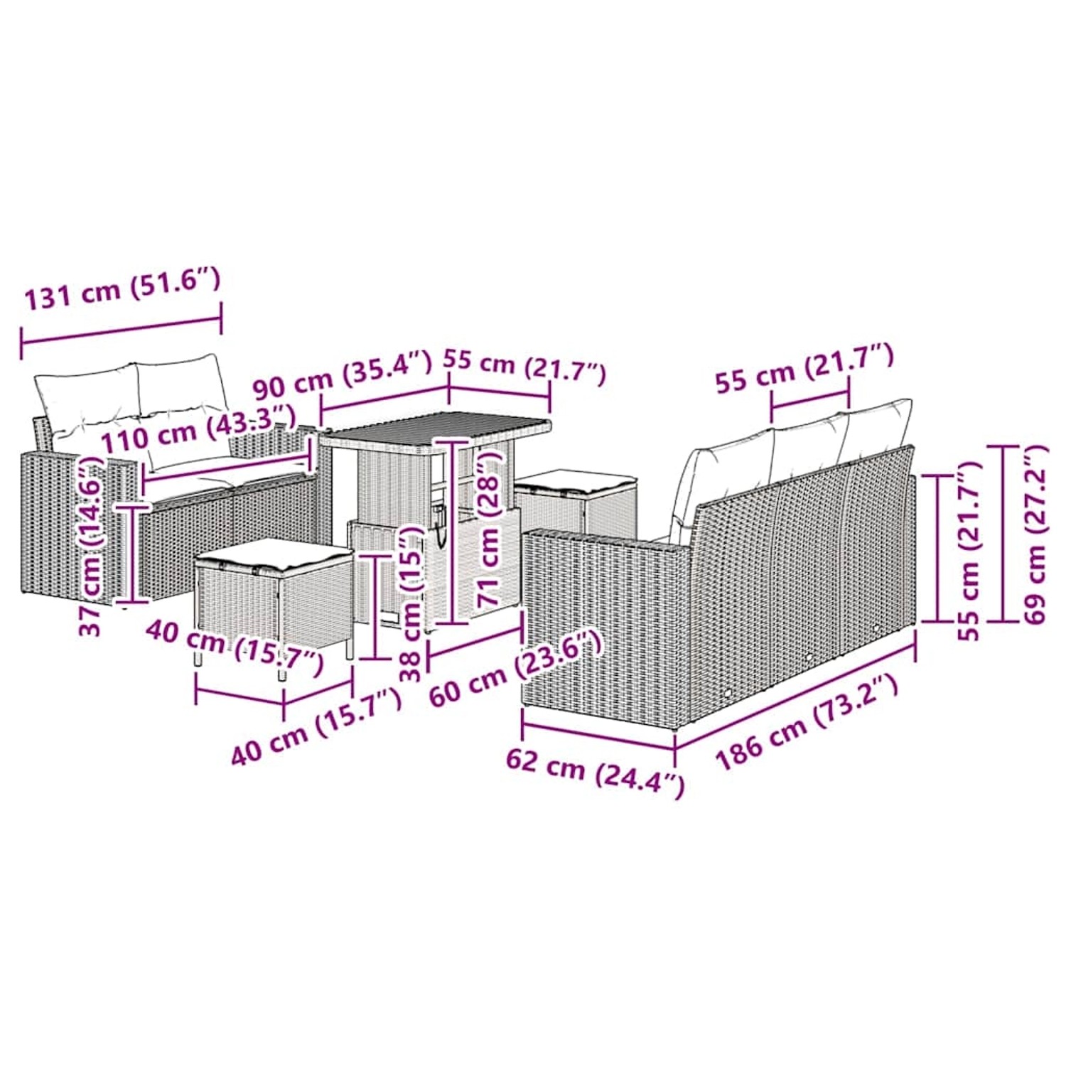 vidaXL Gartenmöbel Set, 8-teilig, beige Poly Rattan, mit Maßen. Sofa, Tisch und Hocker.