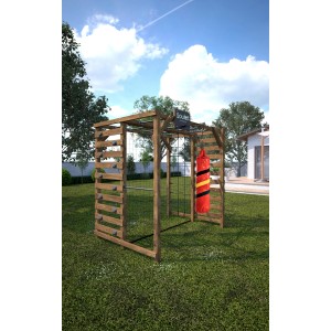 Soulet Kletterturm Olympic Odin aus Holz mit Kletterwand, Boxsack und Fußballnetz.