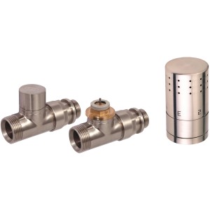 Ximax Thermostat-Set Typ SX Eck Edelstahl für Heizkörper-Installation mit Thermostatkopf, Anschlussgarnitur und Rücklaufverschraubung.