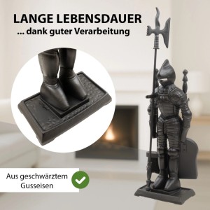 Schwarze TRUTZHOLM Kamingarnitur Ritter aus Gusseisen, 4-teilig mit Schaufel, Besen und Schürhaken.