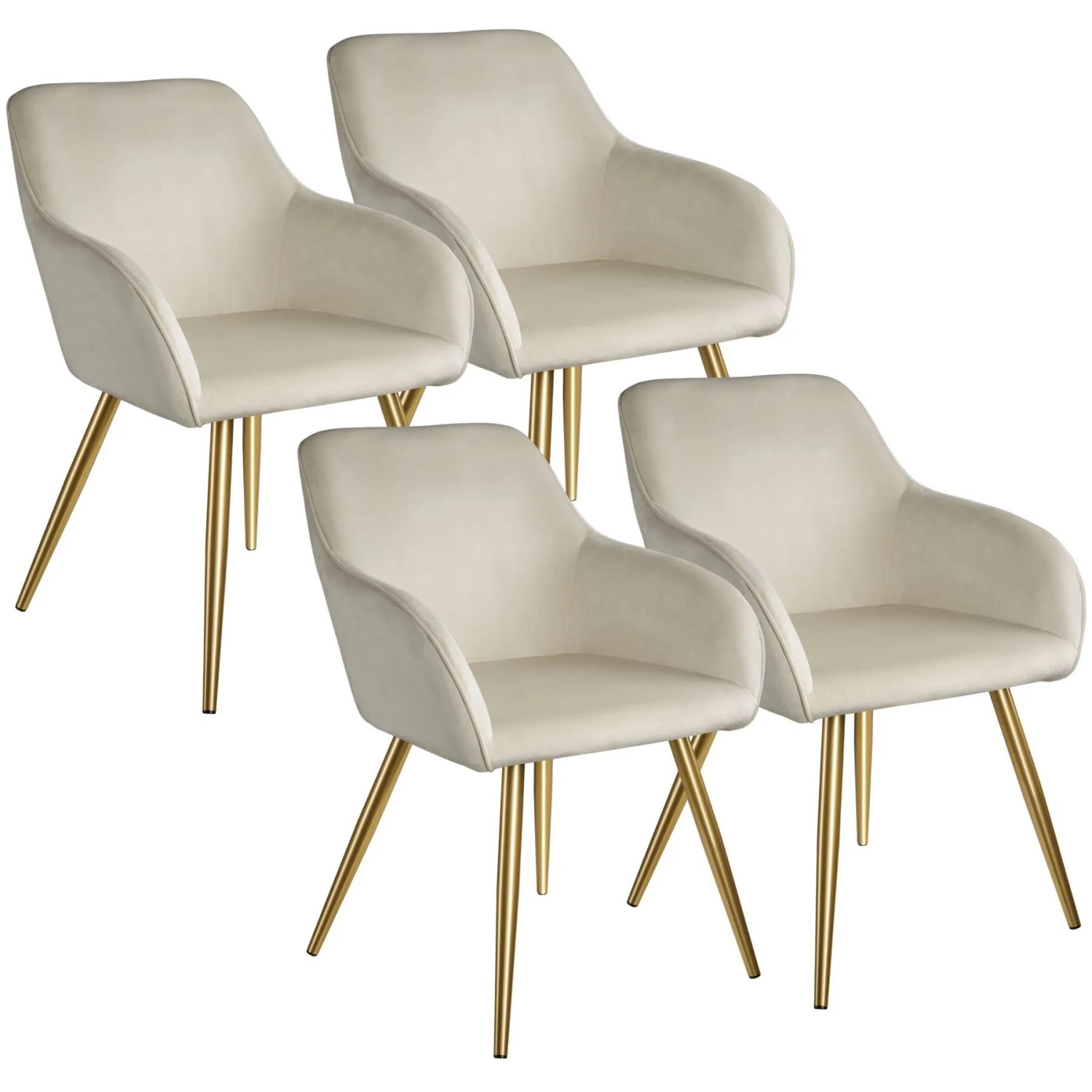 Tectake Esszimmerstuhl Marilyn Gepolstert  In Samtoptik Durchgehende Lehne 4Er Set 62 x 58 x 82 cm Creme Gold