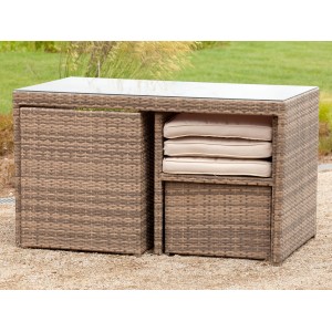 Platzsparendes Balkonmöbel Lounge-Set Merano, 11-teilig in Savannagrau mit Kissen, Polyrattan.