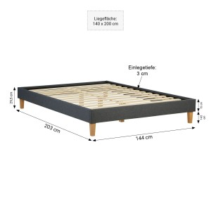 Graues Polsterbett 140x200 cm mit Lattenrost und Holzfüßen. Bettgestell ohne Kopfteil.