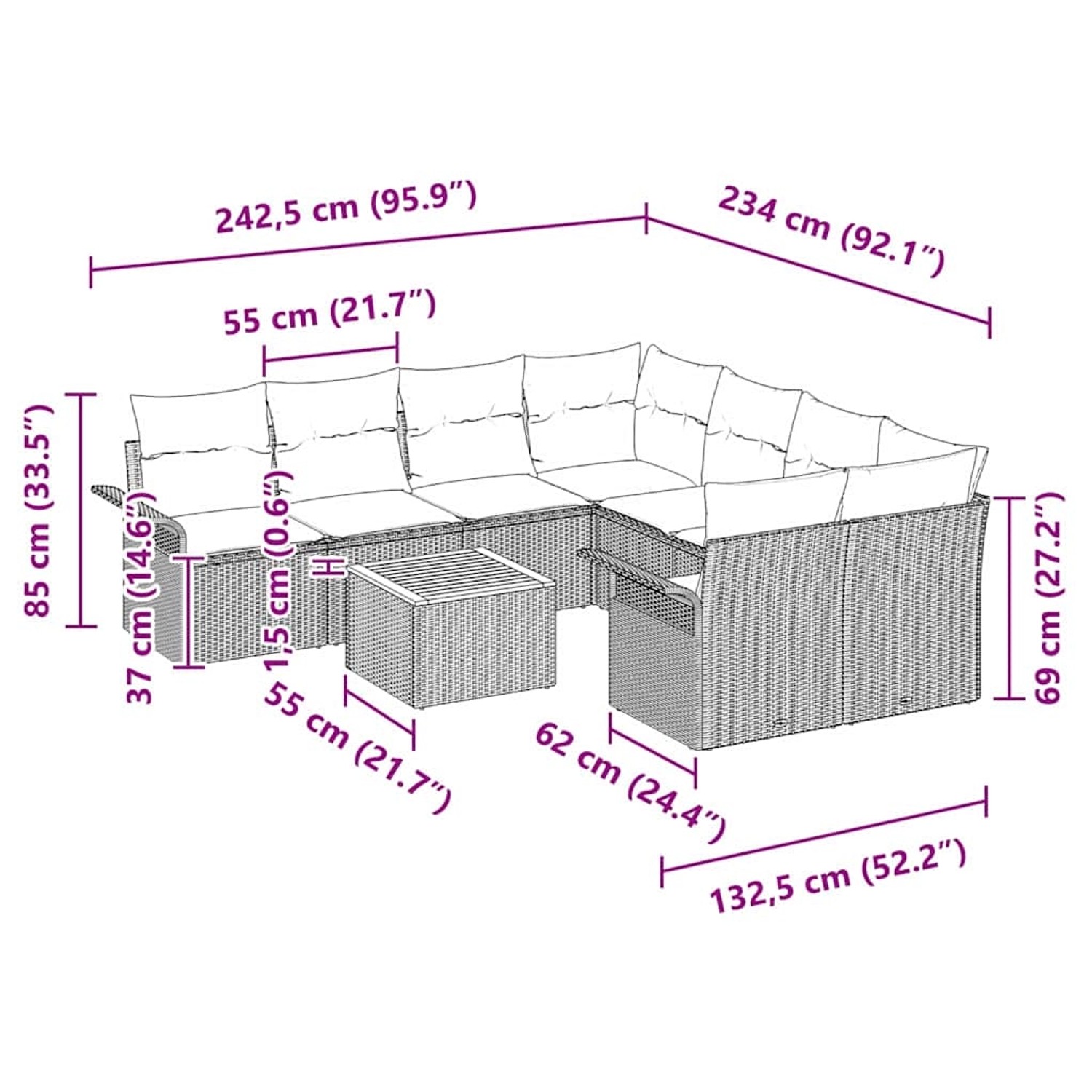 vidaXL Garten-Sofa-Set, 9-teilig, beige Poly Rattan, mit Maßen. Ideal für Terrasse & Garten.