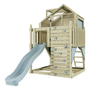 OutdoorToys Stelzenhaus Meteorit Eisblau mit Rutsche und Kletterwand aus Holz.