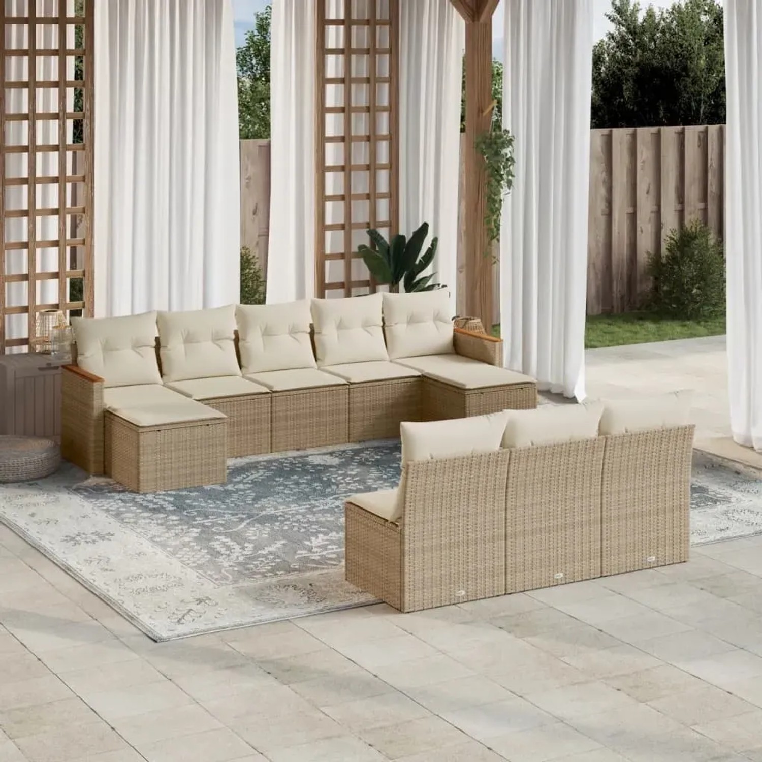 Beige 10-tlg. vidaXL Garten-Sofagarnitur aus Poly Rattan mit Kissen. Modulare Gartenmöbel für Terrasse und Garten.