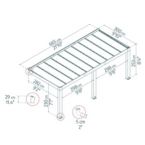 Technische Zeichnung der braunen Palram Canopia Terrassenüberdachung Helsinki 665x294 cm mit Maßangaben.