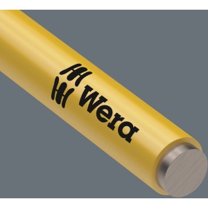 Detailaufnahme eines gelben Wera Winkelschlüssels aus Edelstahl mit Logo.