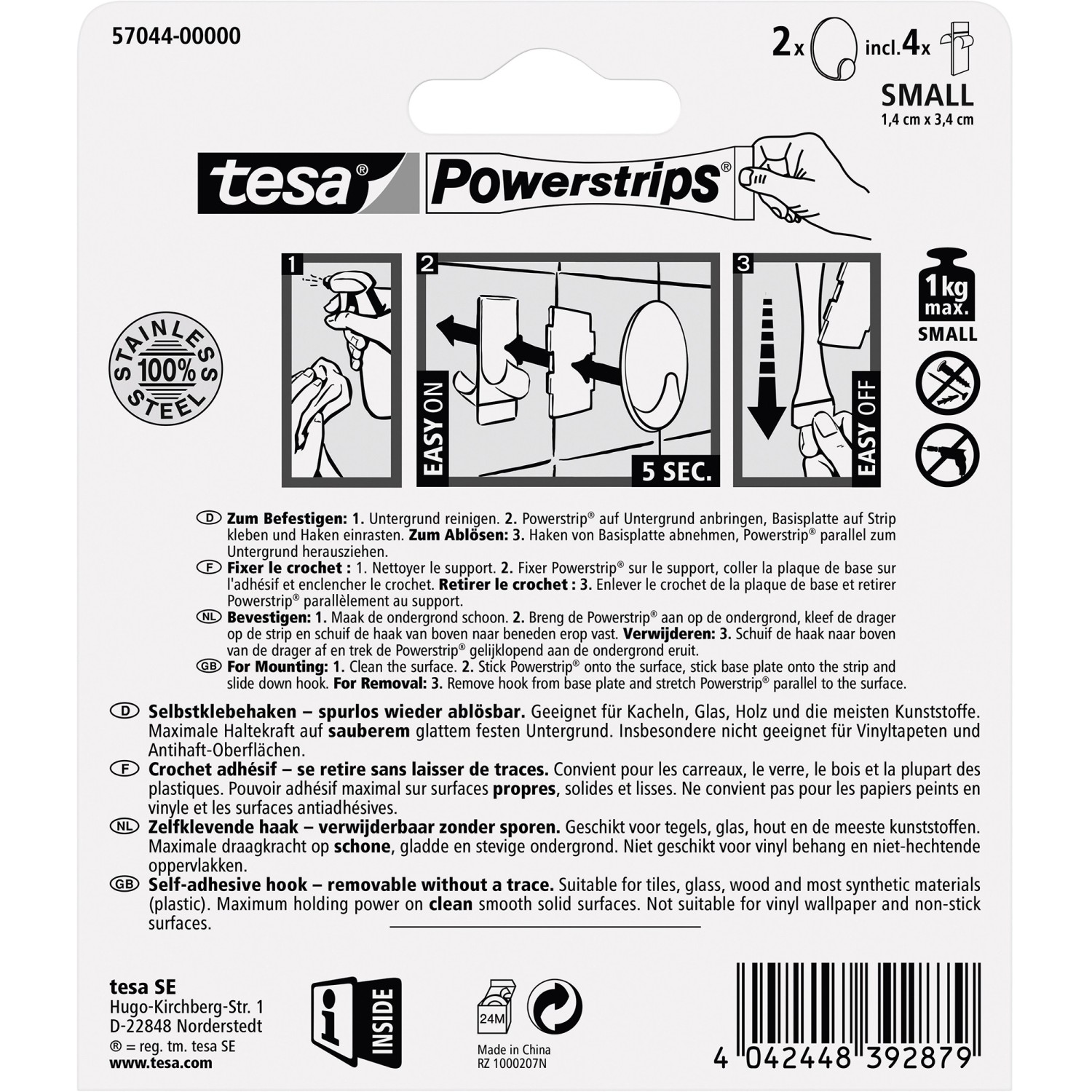 Tesa Selbstklebehaken Edelstahl, 2er-Set mit Powerstrips für bis zu 1 kg Gewicht.