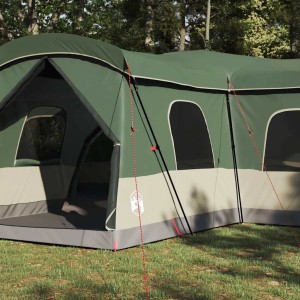 Großes, grünes VidaXL Zelt (680x510x210 cm) aus Polyester mit Fenster und Abspannleinen.
