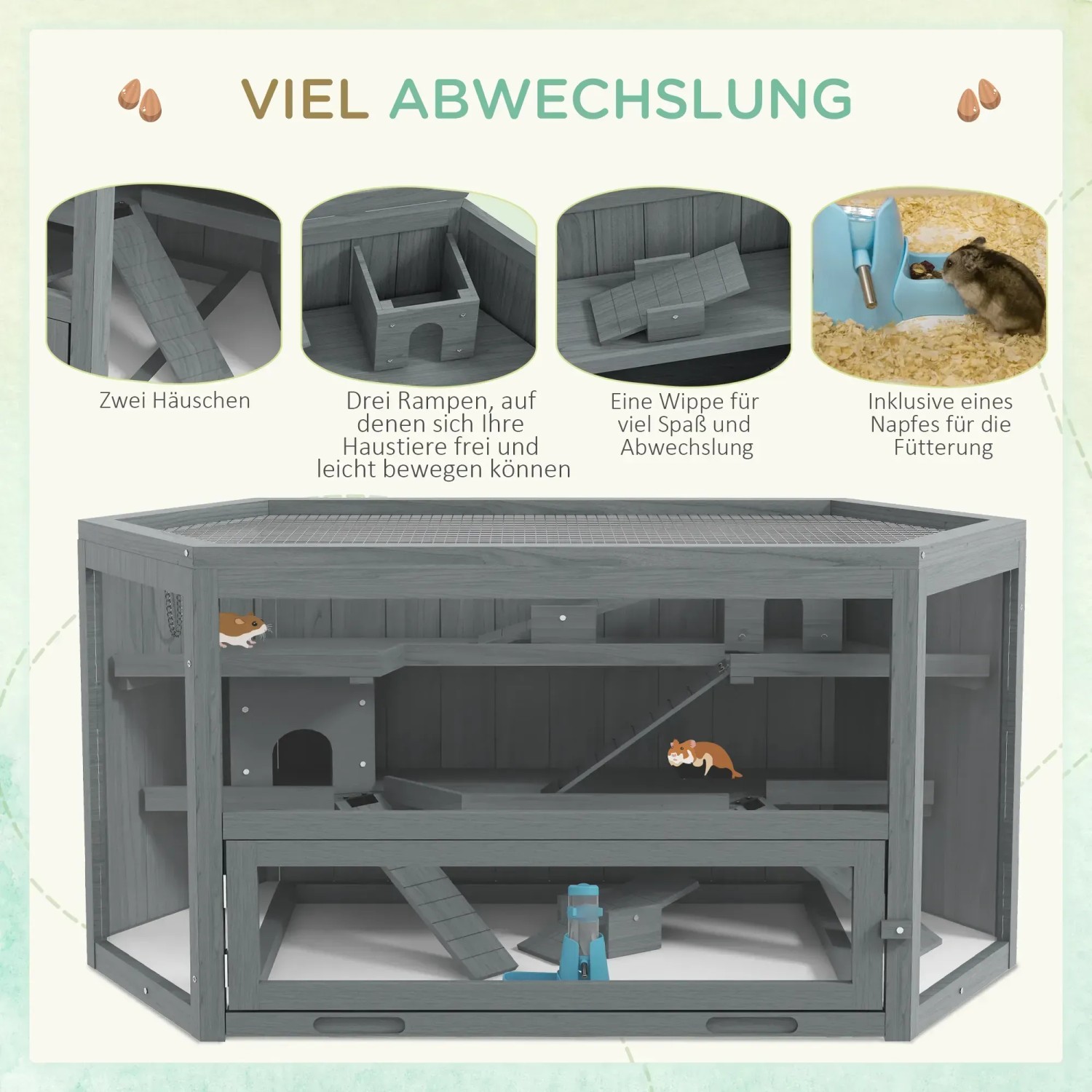 Grauer PawHut Hamsterkäfig aus Holz mit drei Ebenen, Rampe und Häuschen.