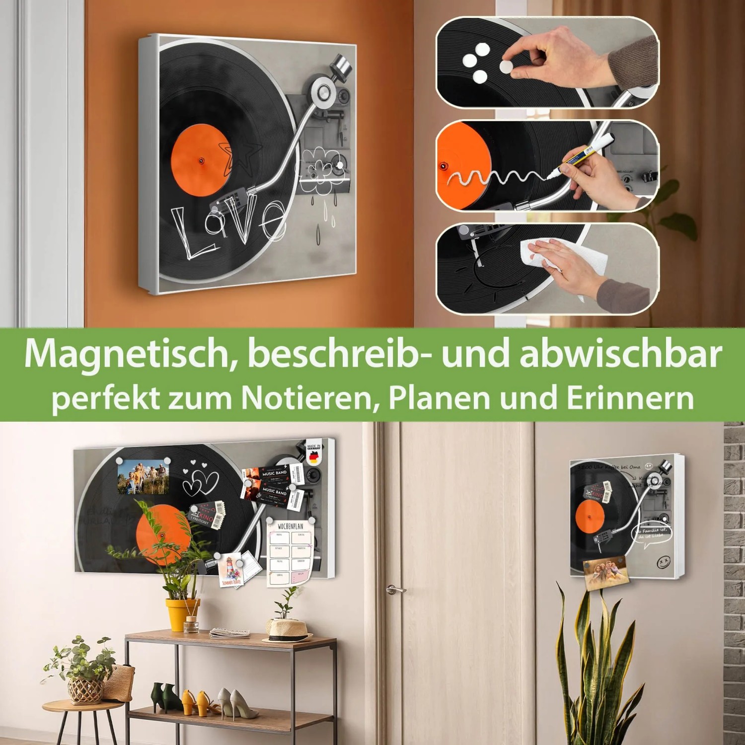 Banjado Großer Schlüsselkasten Metall 30x30cm Weiß Scharnier Links 50 Haken Beschreibbar Magnetisch Motiv Plattenspieler
