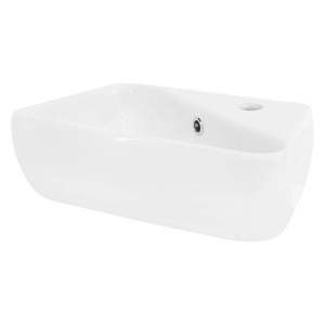 Weißes, eckiges ML-Design Handwaschbecken aus Keramik (45x27cm) mit Hahnloch rechts.