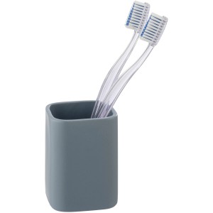 Blauer Wenko Zahnputzbecher Hexa Keramik mit zwei Zahnbürsten.