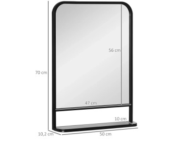 HOMCOM Wandspiegel Mit Ablage – 55x55,5 Cm, Schwarzer Metallrahmen & Holzregal, Für Flur & Bad