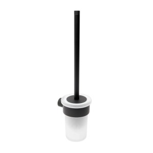Schwarze Toilettenbürste mit mattem Halter und weißem Ring für Wandmontage. Teil des modernen Badaccessoire Sets.