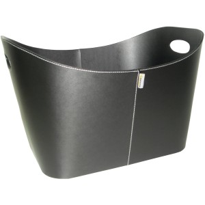 Aduro Holzkorb Baseline, schwarz, aus Kunstleder mit weißen Ziernähten und Tragegriffen.