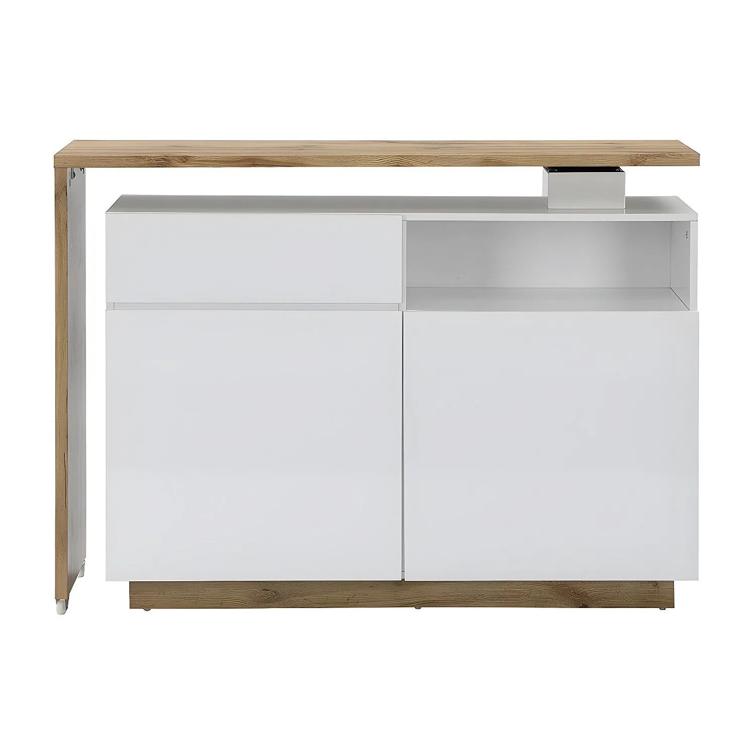 Modernes Barmöbel Eldir in Weiß und Naturfarben, 130 cm, mit drehbarer Platte, Türen und Schublade.