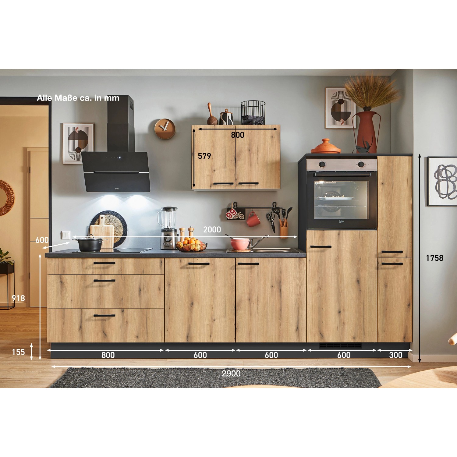 pino Küchenzeile 290 cm Evoke Eiche Anschlag rechts 1 Geräte-. 1 Seitenschr günstig online kaufen