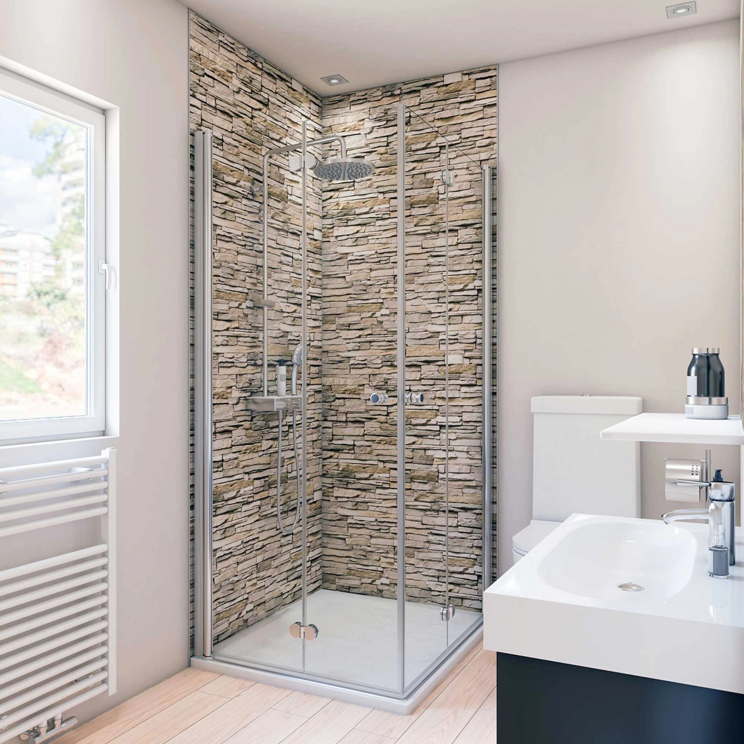 Breuer Duschrückwand Aluminium Hochglanzdekor 100 cm x 210 cm Mauer Optik H günstig online kaufen