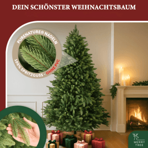 Merry Tree Luxus Kunst-Weihnachtsbaum 210 cm mit täuschend echten Spritzguss-Nadeln und Holzfuß.