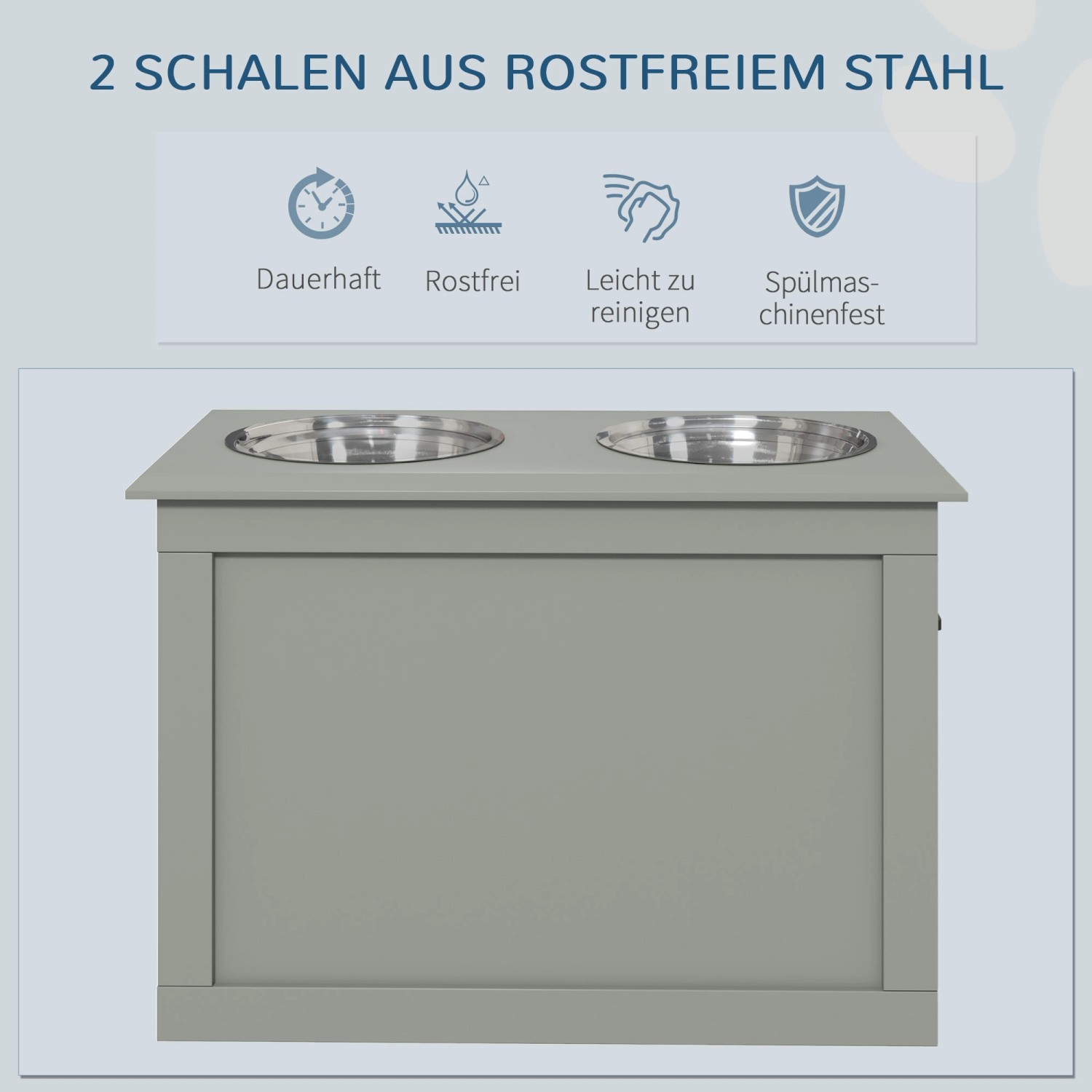 PawHut Fressnapf mit 2 Näpfen und Stauraum, grau. Futterstation für Katzen und Hunde.