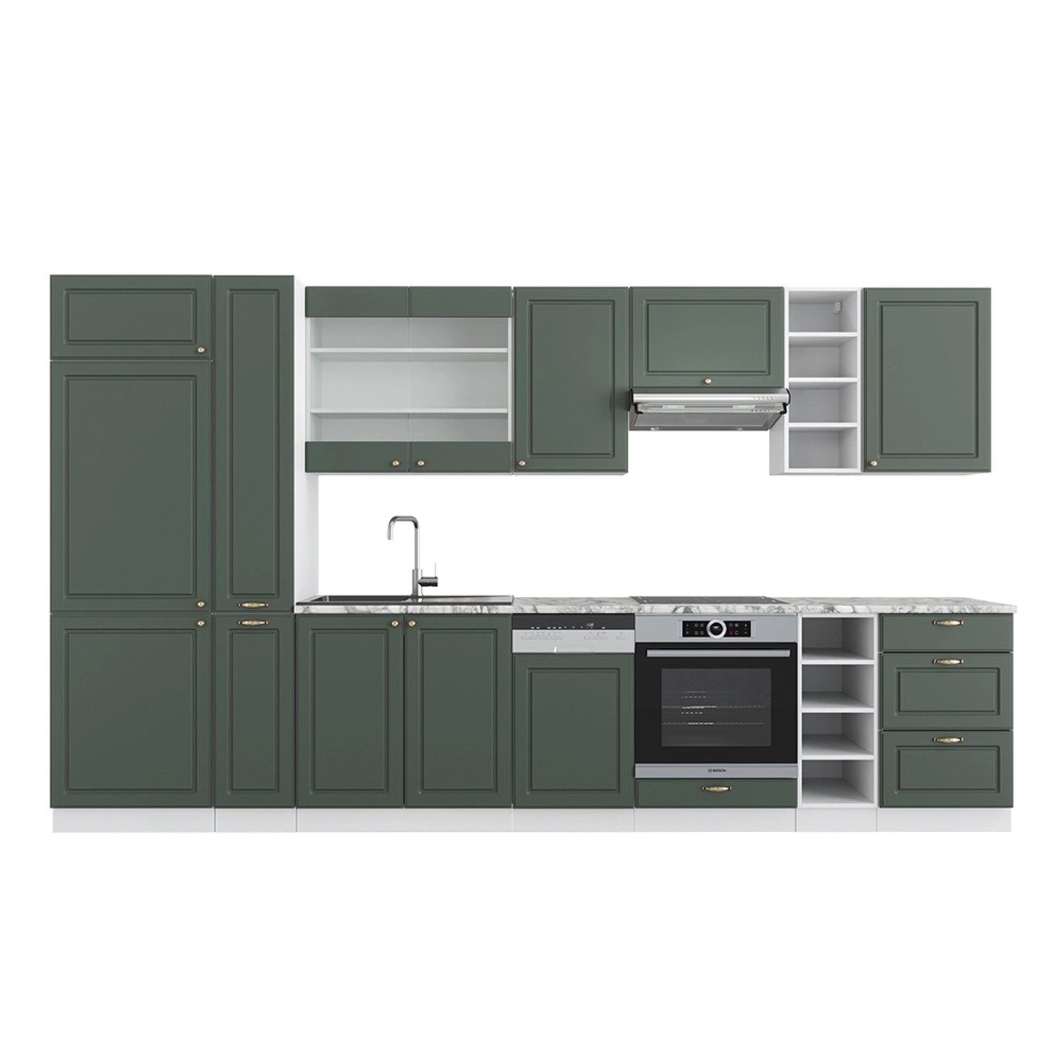 Vicco Fame-Line Küchenzeile Grün-Gold Landhaus/Weiß 355 cm ohne Arbeitsplat günstig online kaufen