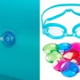 Bestway Family Pool Zubehör: Bunte Spielkristalle und blaue Schwimmbrille neben Poolwand.