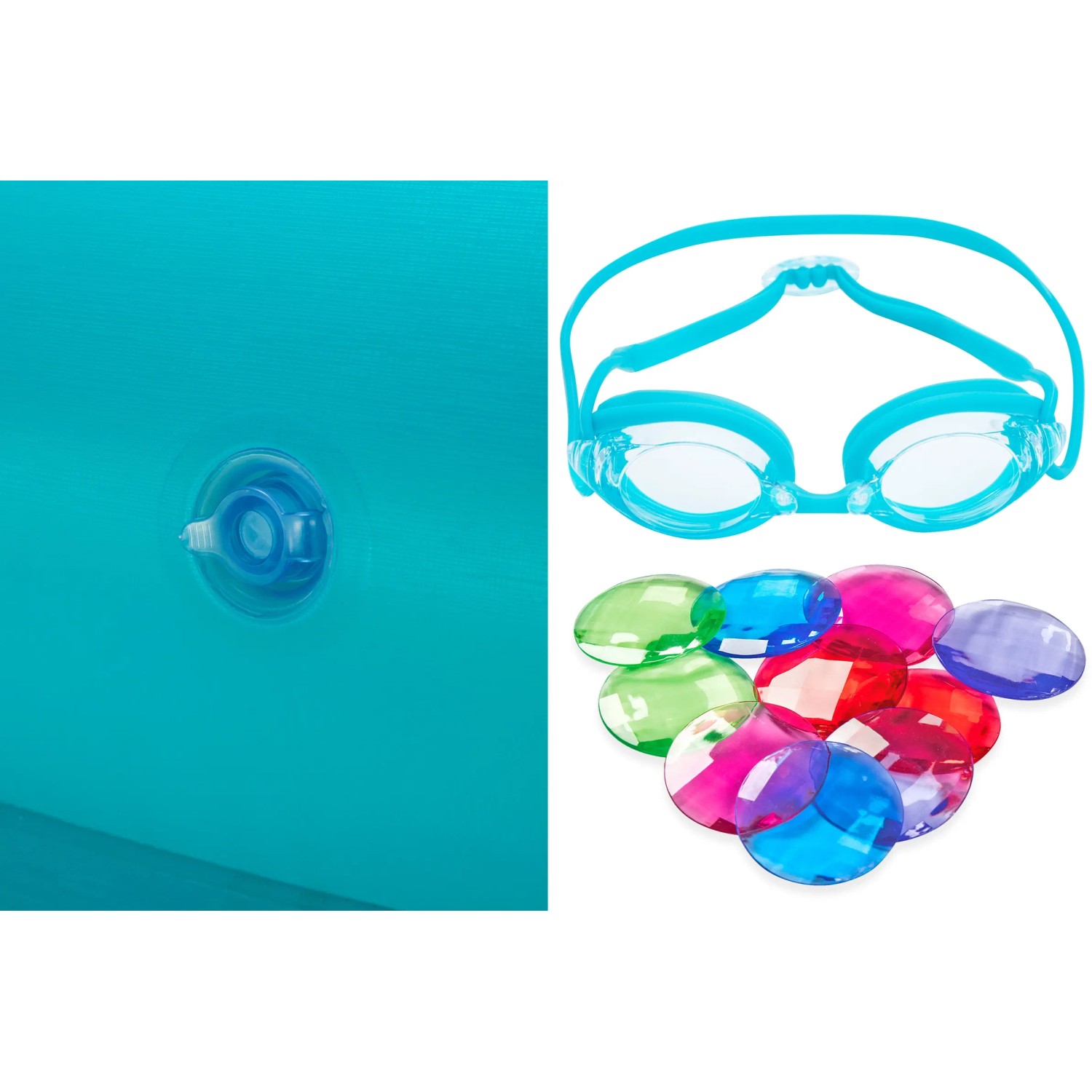 Bestway Family Pool Zubehör: Bunte Spielkristalle und blaue Schwimmbrille neben Poolwand.