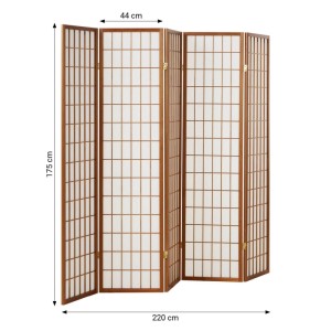 Brauner 5-teiliger Homestyle4u Paravent aus Holz mit weißem Shoji Reispapier, 220x175 cm, als Raumteiler.