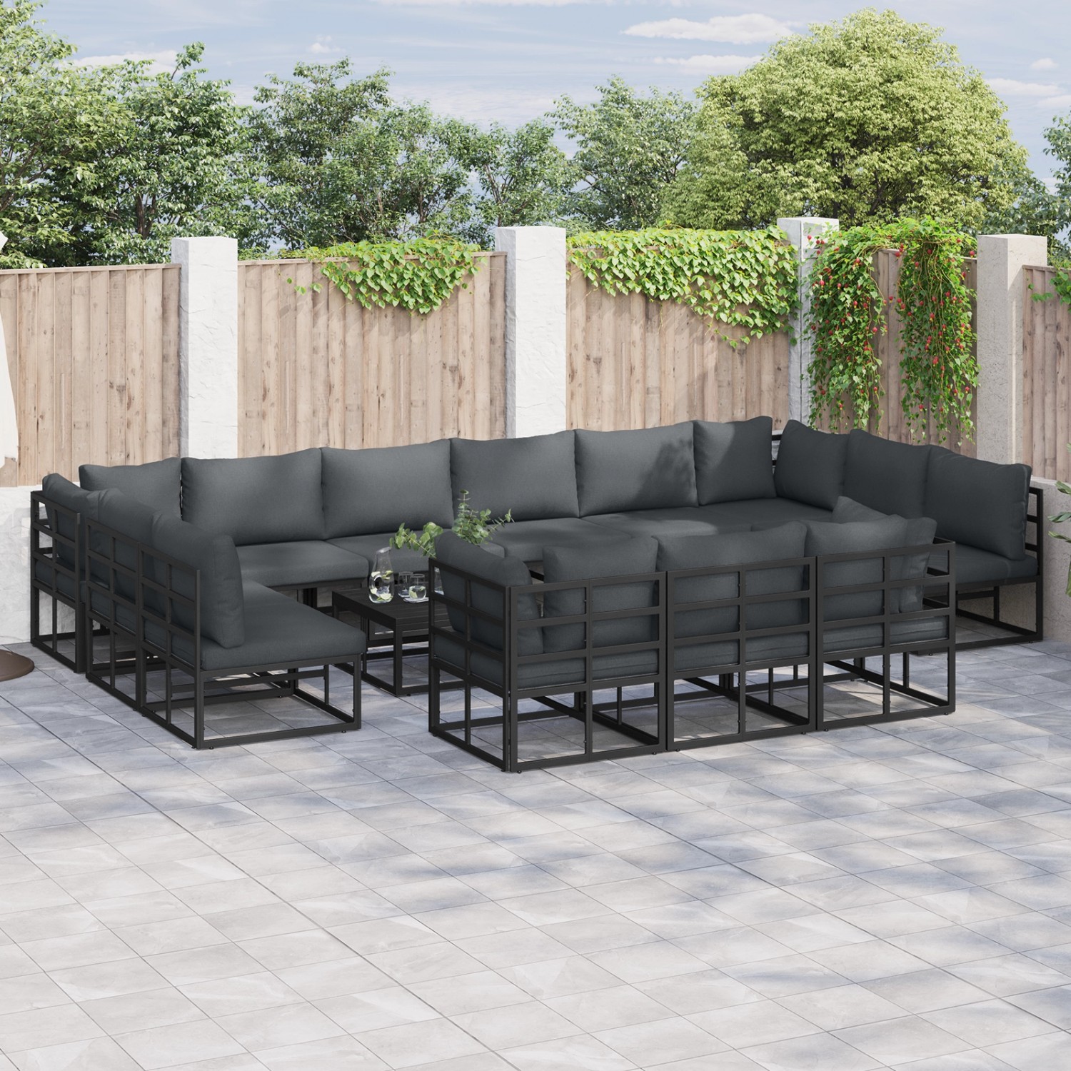 vidaXL Garten-Sofa-Set, 13-teilig, schwarz, Aluminium, mit anthrazitfarbenen Kissen und Tisch.