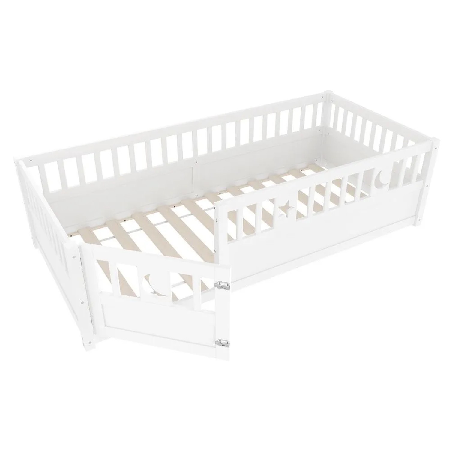 KOMHTOM Kinderbett Mit Seitengitter  90 x 190 Cm  Sternen- Und Mondmotiv  Matratze Nicht Enthalten  Weiß  Minimalistischer Stil