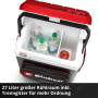Offene Einhell Akku-Kühlbox TE-COL 18/27 Li-Solo mit Getränken und Apfel. Kühlbox für Camping und Freizeit.