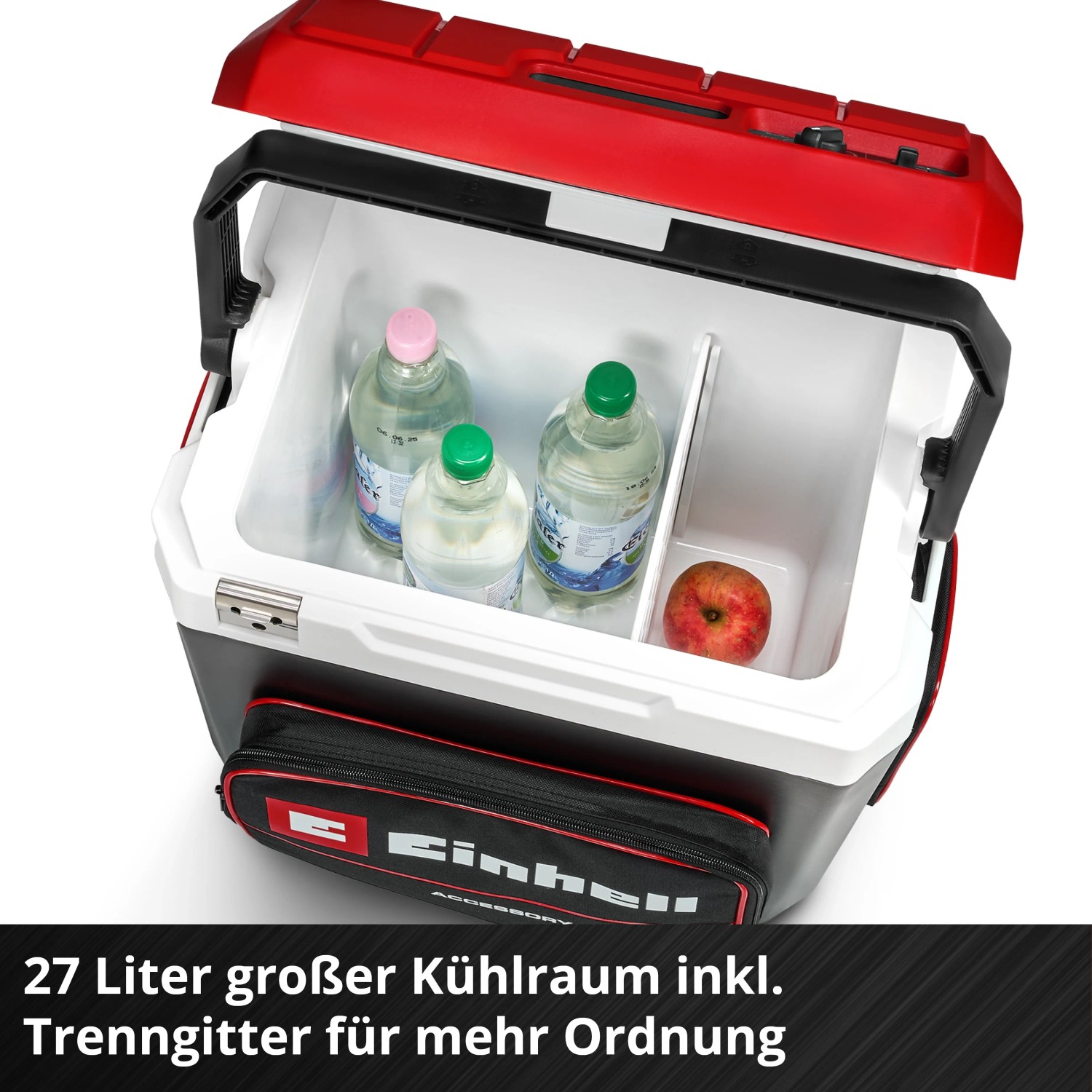 Offene Einhell Akku-Kühlbox TE-COL 18/27 Li-Solo mit Getränken und Apfel. Kühlbox für Camping und Freizeit.