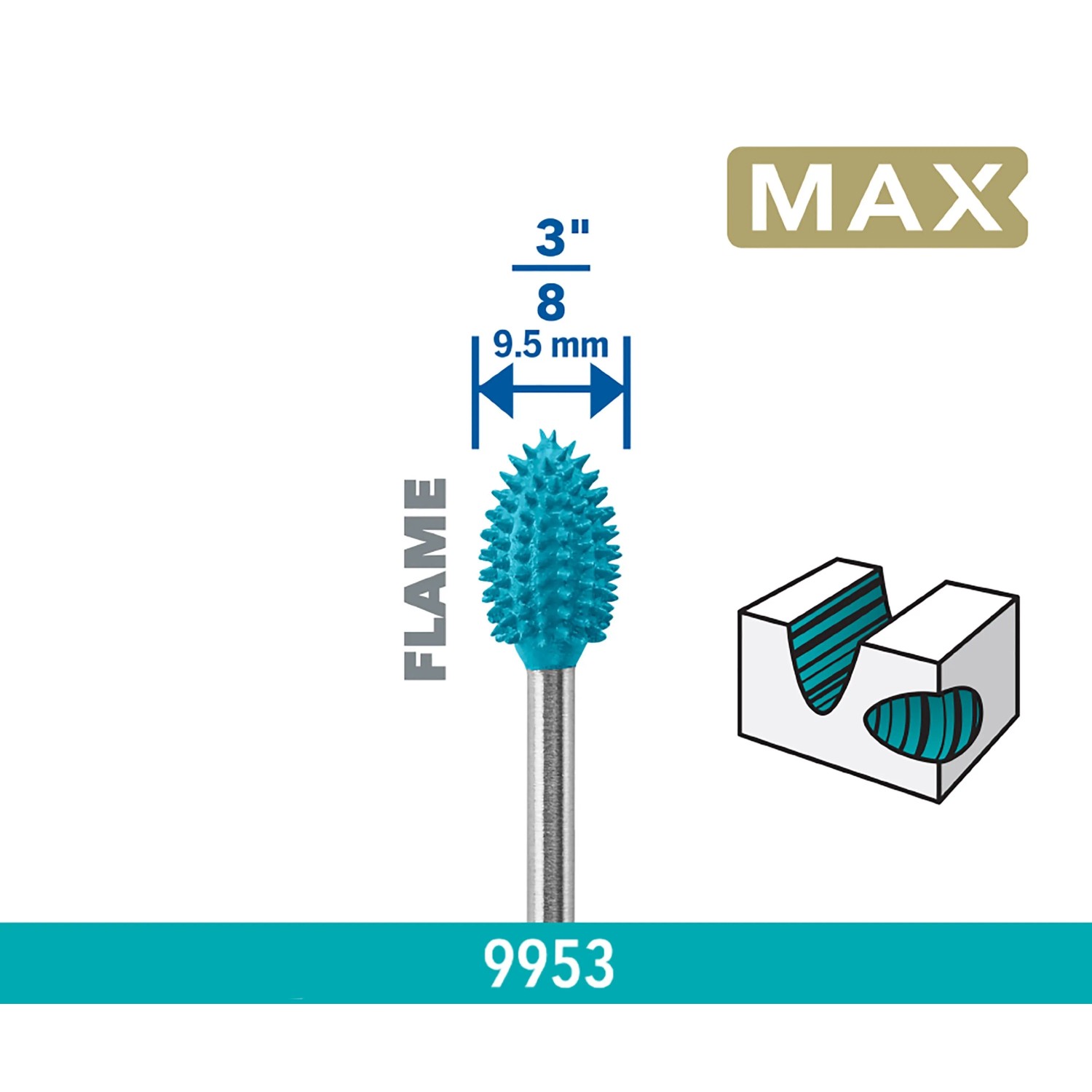 Türkiser Dremel Raspelfräser Max 9953, flammenförmig, Ø 9,5 mm, für präzise konkave Schnitte in Holz.