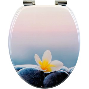 Sanfino WC-Sitz Flower & Stone: Toilettendeckel mit Absenkautomatik, Holz, Blumen- und Steinmotiv.