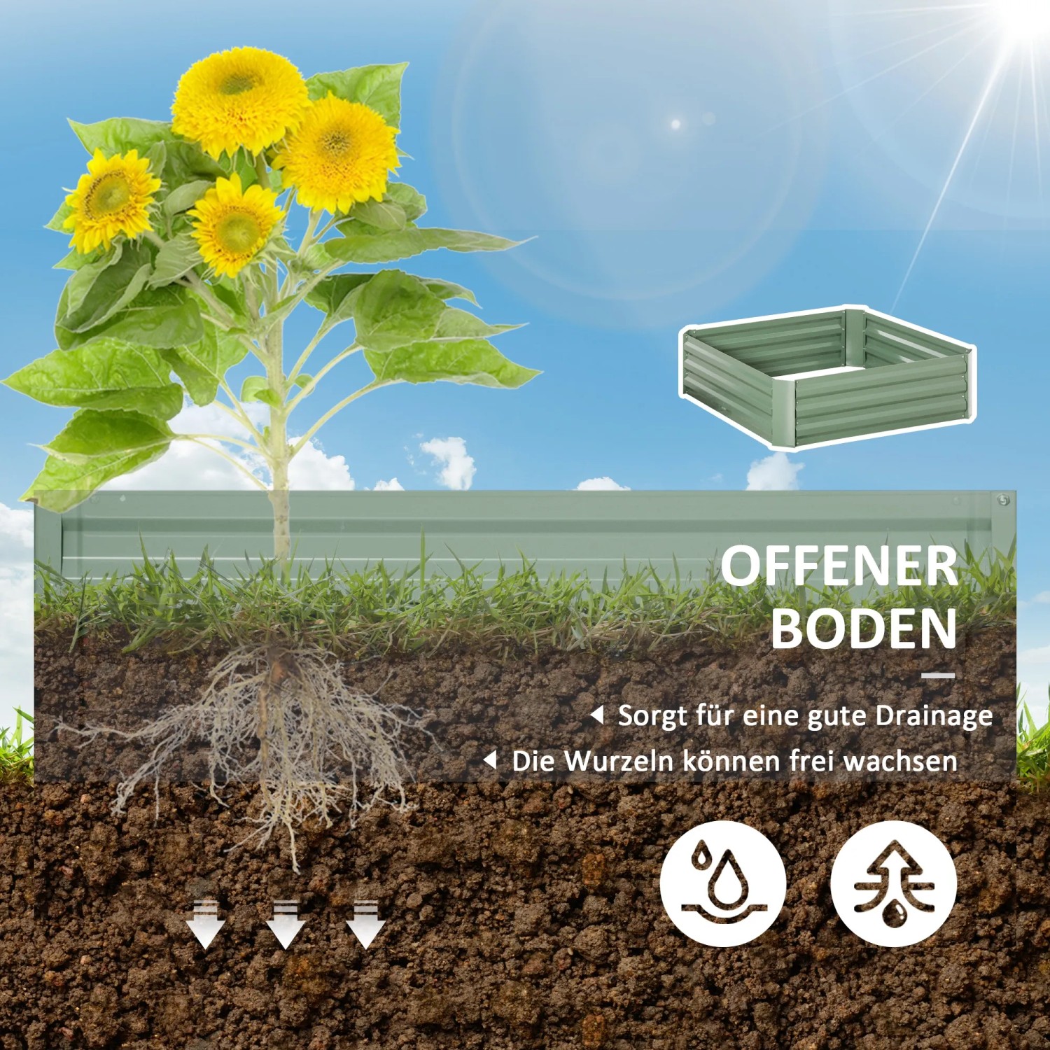 Outsunny Hochbeet-Set aus Stahl, 100x100x30cm, mit offenem Boden für gute Drainage und freies Wurzelwachstum.