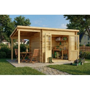 Alpholz Gartenhaus Maria-28 mit Schleppdach, naturbelassen. Holzhaus mit Doppeltür und überdachtem Bereich.